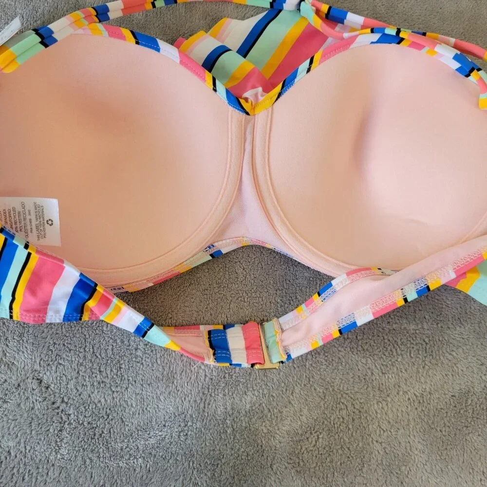 Time Tru Womens Bikini Top XL 16 18 Blue Pink Stripe Ruffle STR15E